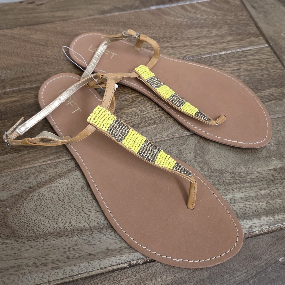 LOFT Women's Brown Sandals With Yellow And Gray Bead Accents